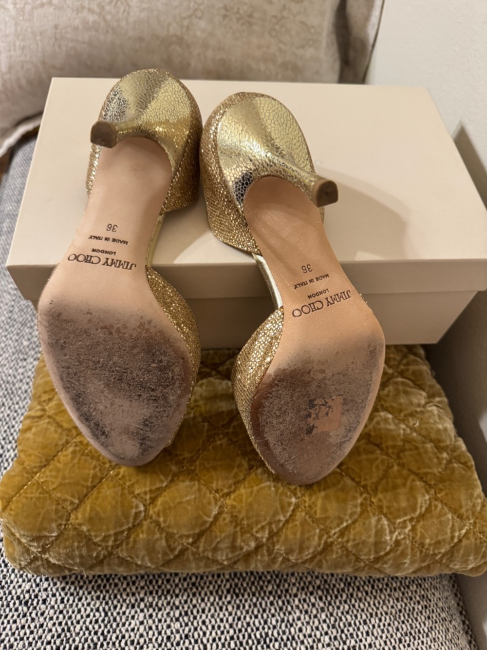 Jimmy Choo Gold Glitter Peep-Toe Heels - Picture 4 of 4